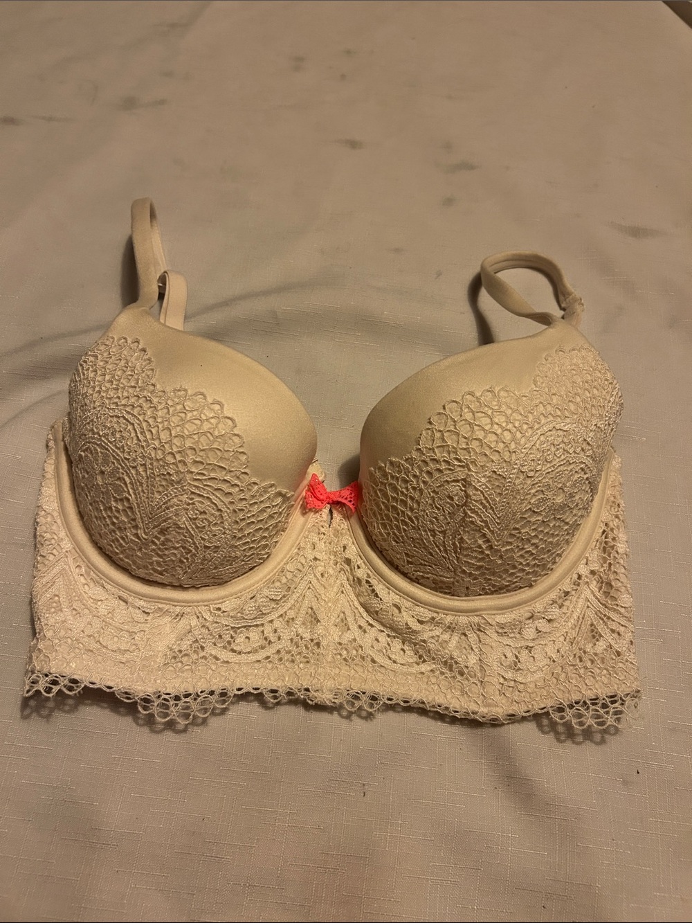 Victoria's Secret Cream Lace Longline Bra with Coral Bow